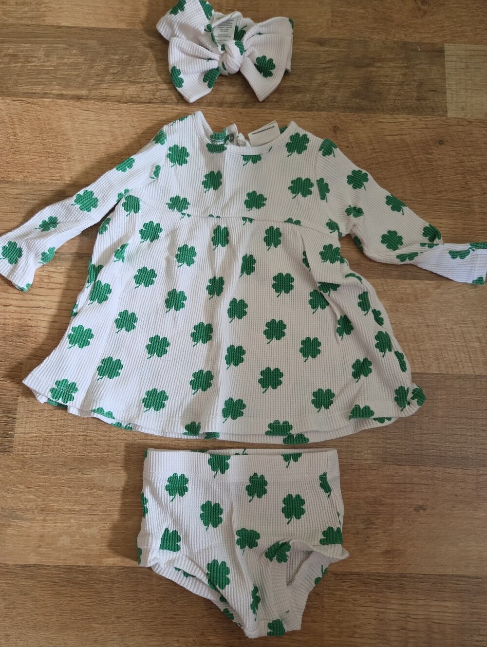 Spearmint Love Shamrock Organic Waffle Simple Dress Bloomers And Headband